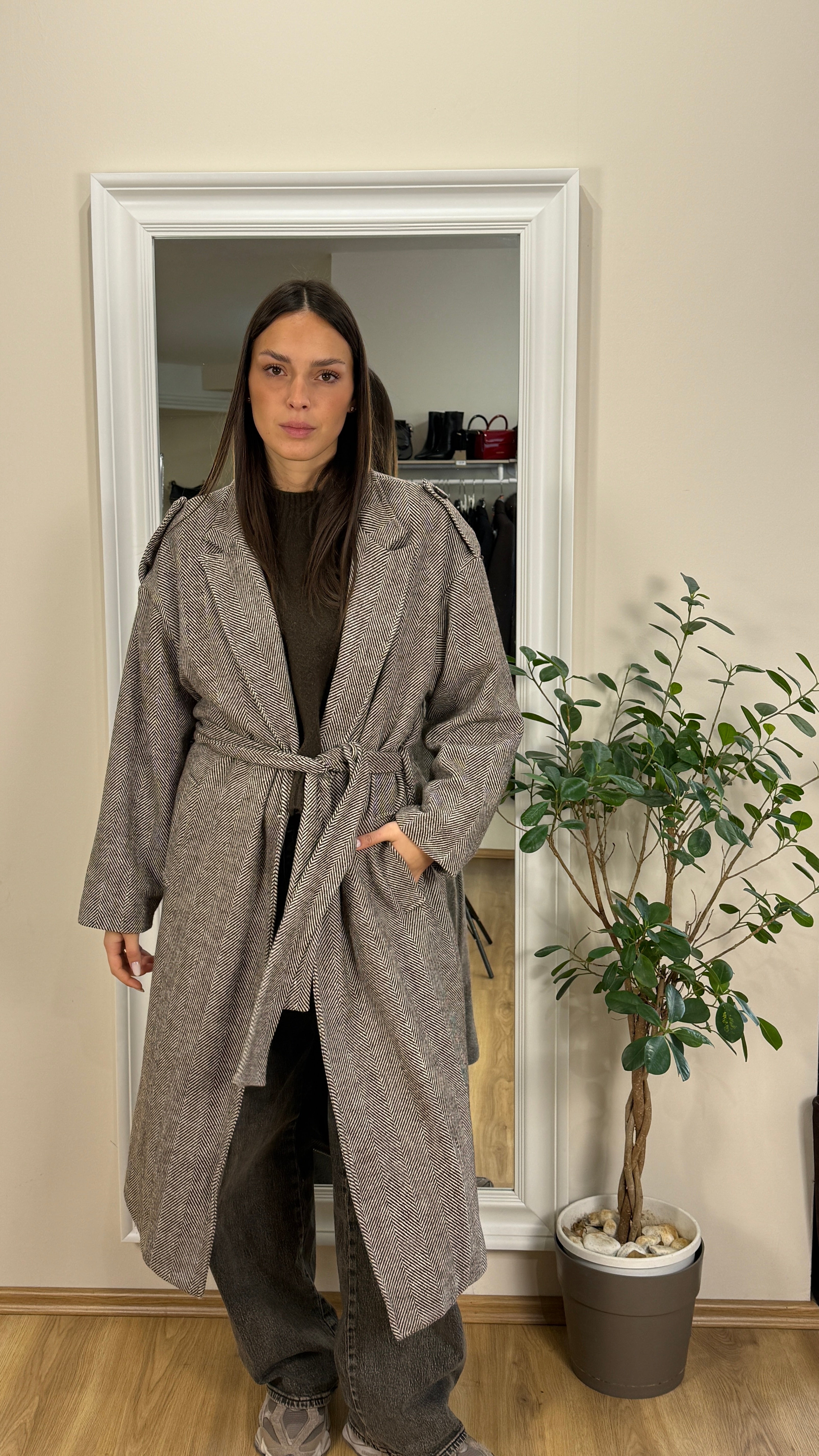 Cappotto spigato moka con cinta - Two way.