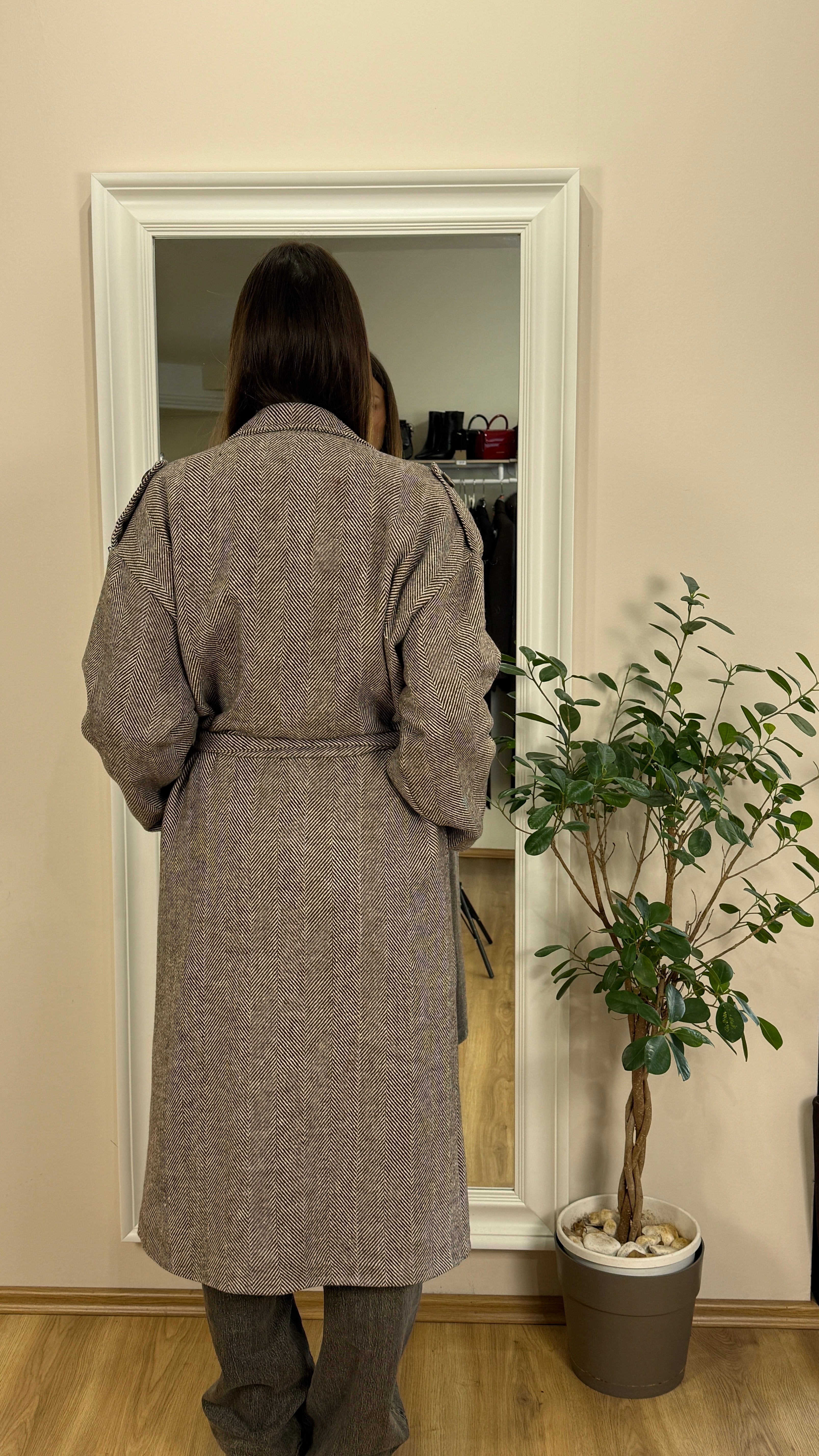 Cappotto spigato moka con cinta - Two way.