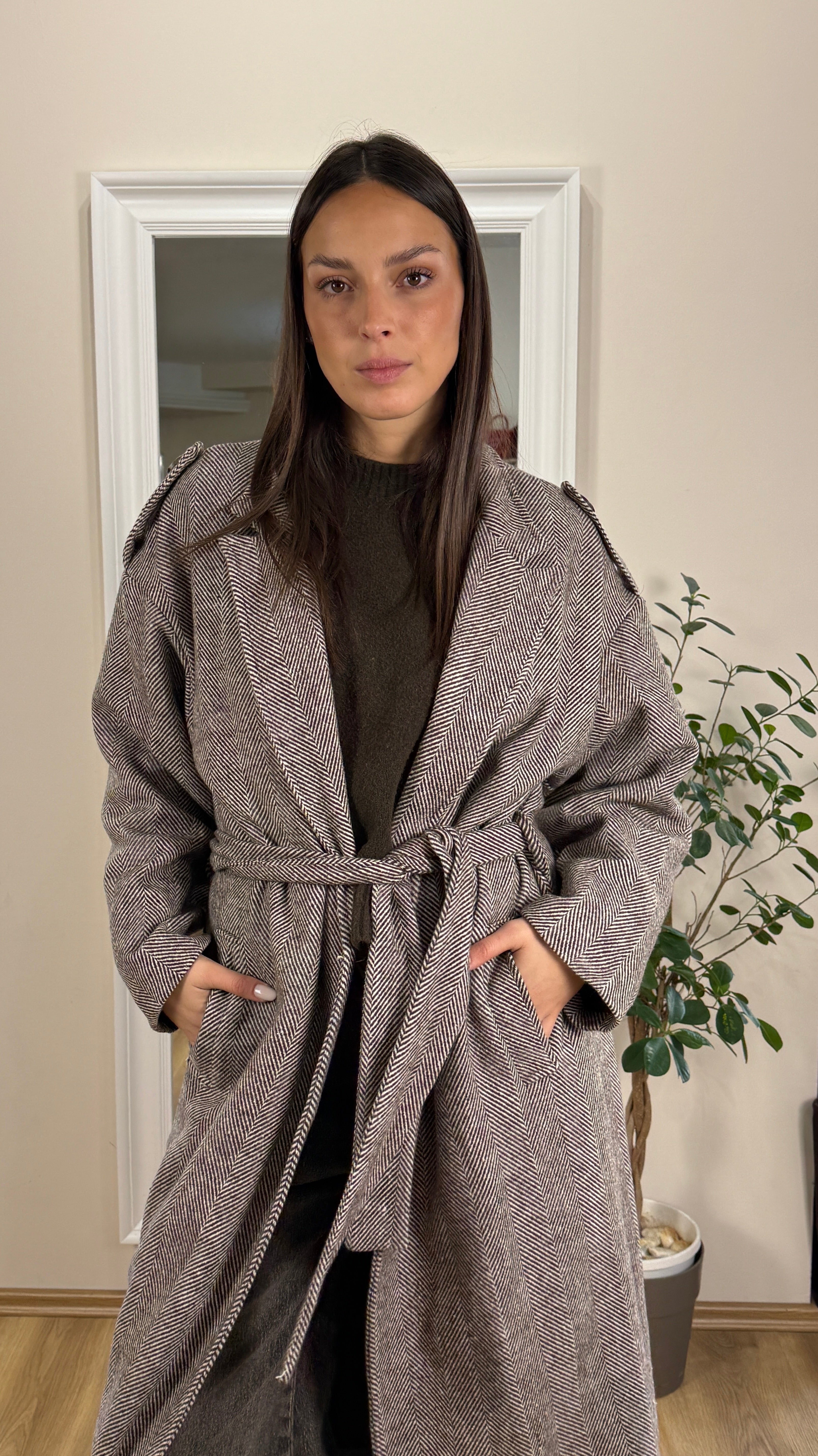 Cappotto spigato moka con cinta - Two way.