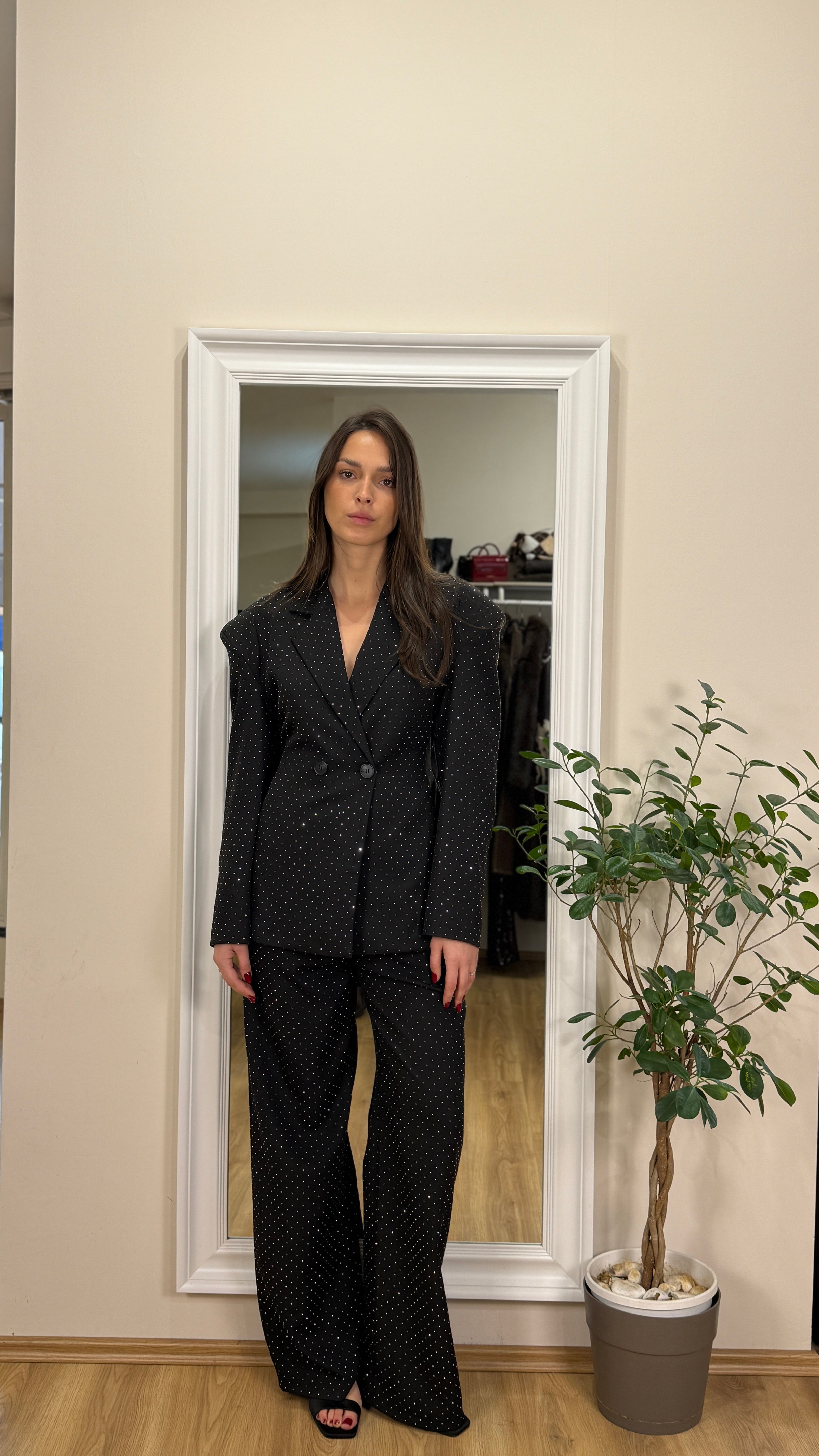 Coordinato blazer e pantalone Brillantinato argento.