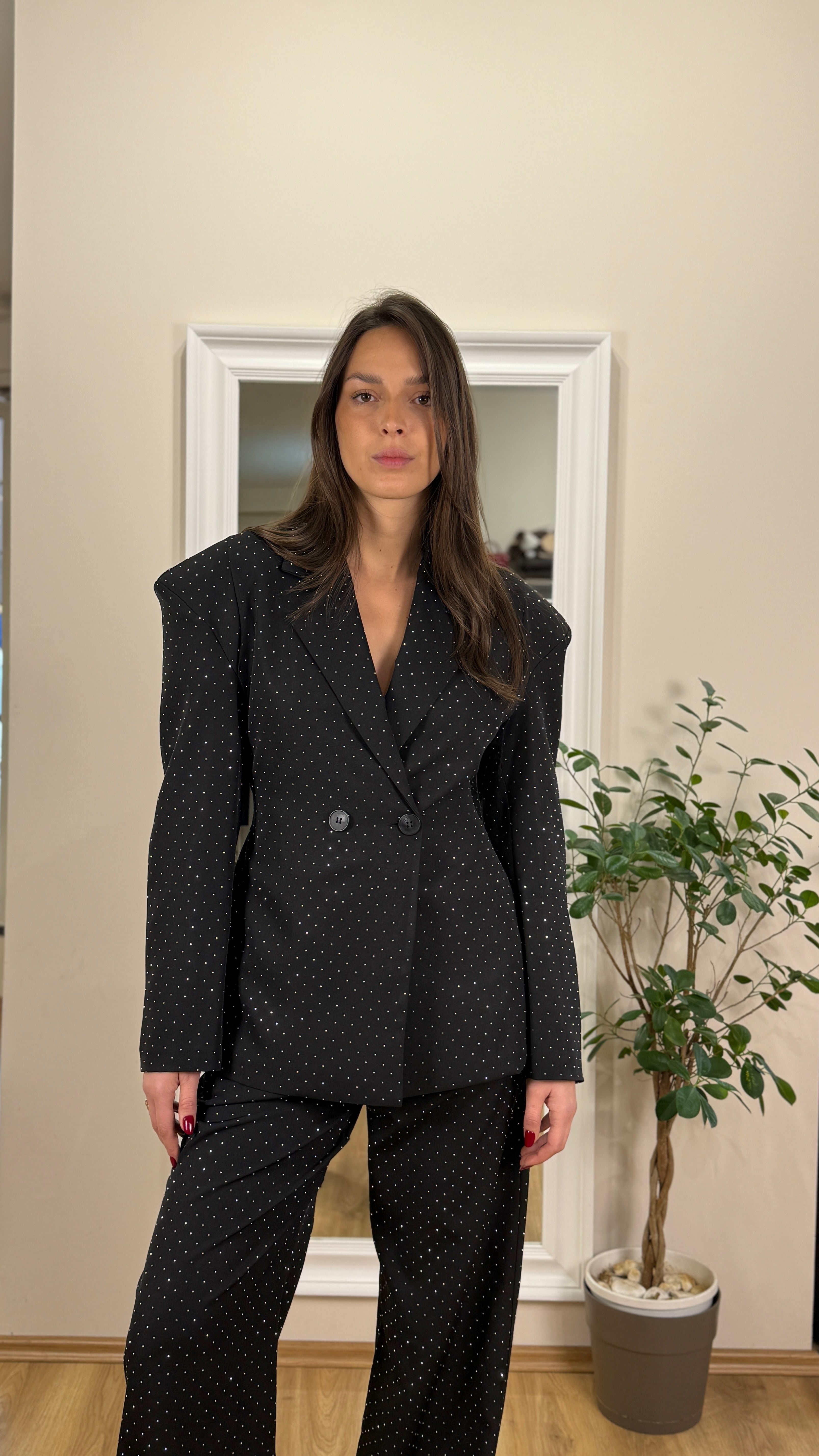 Coordinato blazer e pantalone Brillantinato argento.