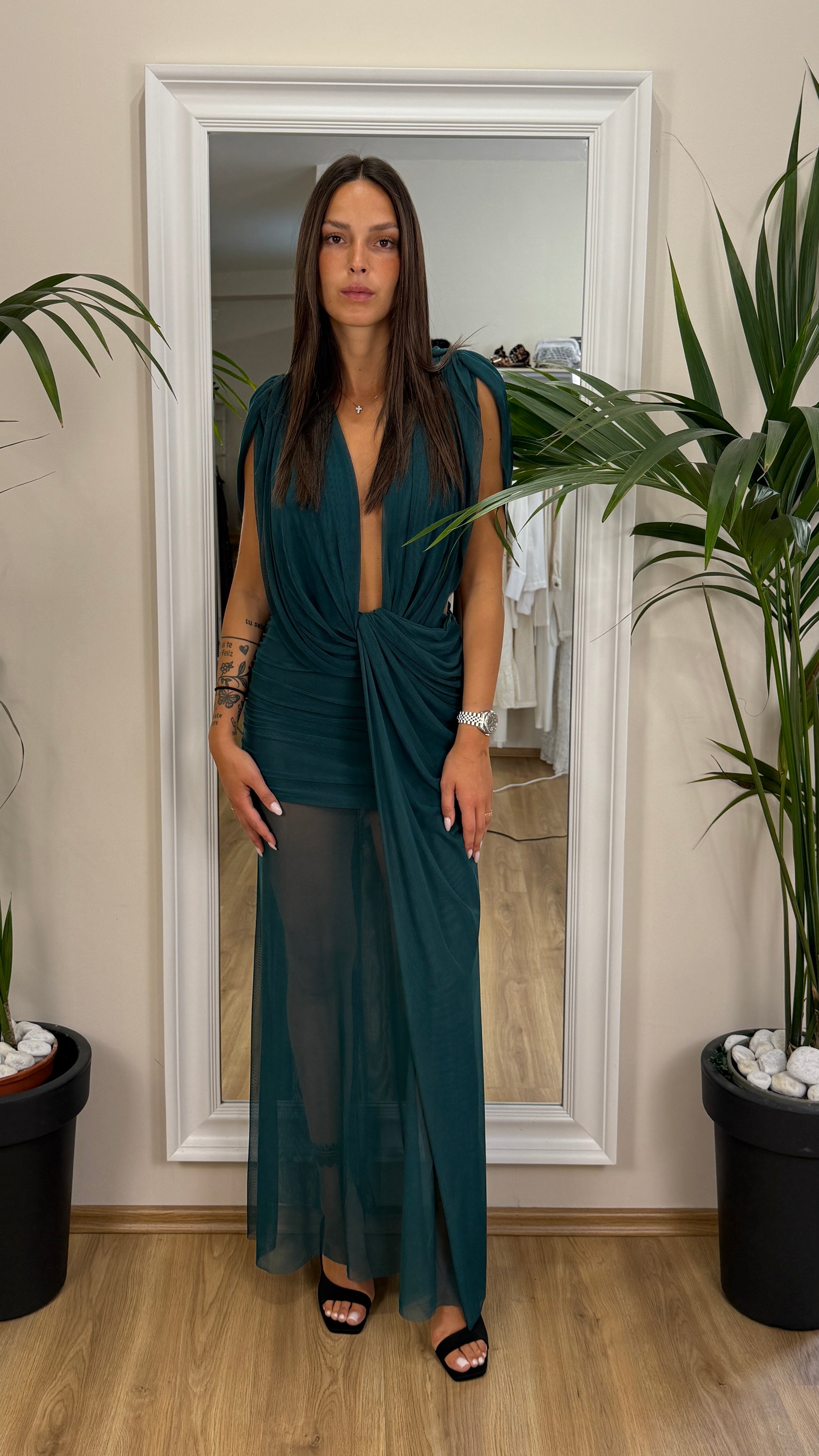 Lumina - abito lungo con fodera petrolio.