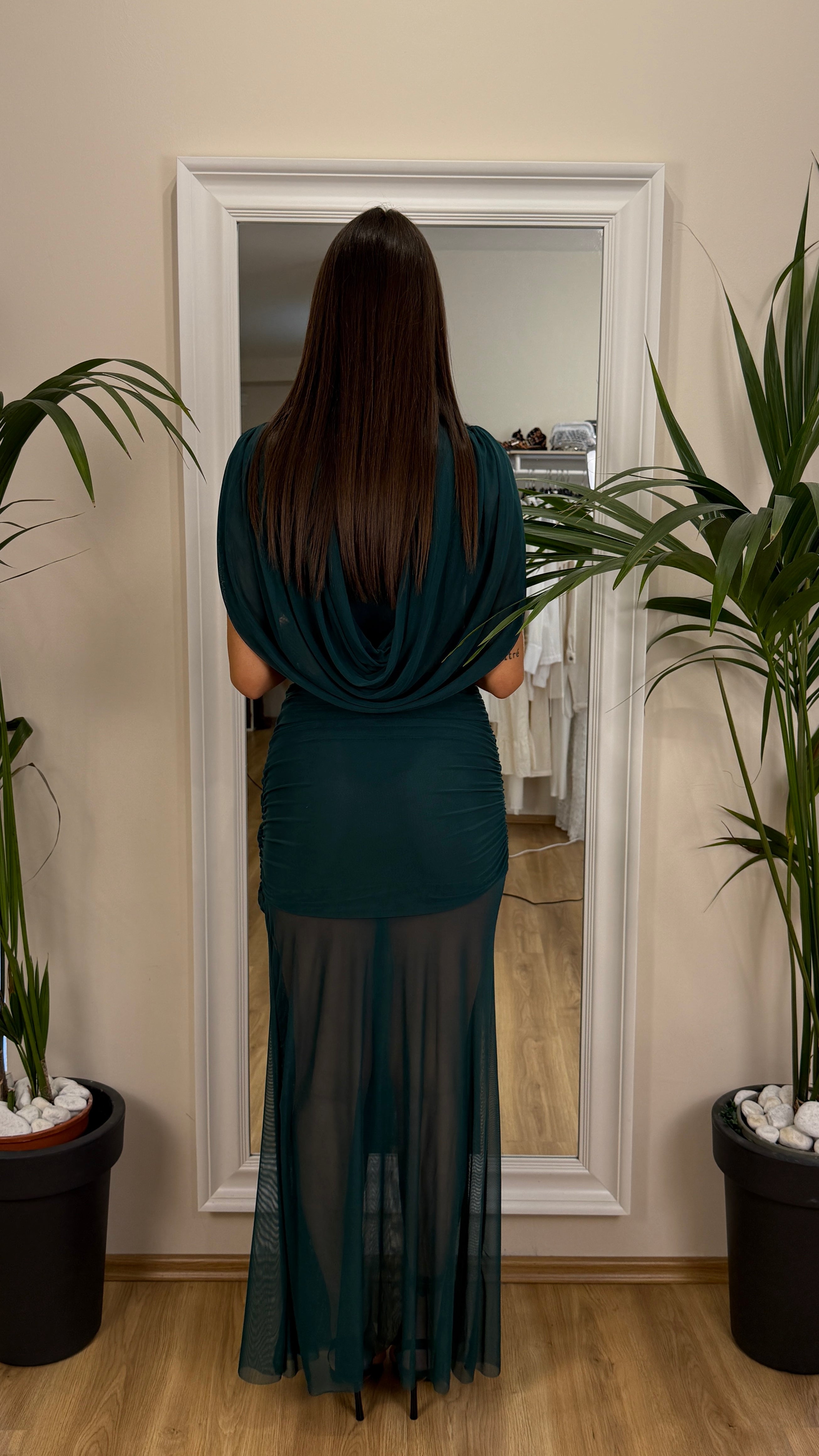 Lumina - abito lungo con fodera petrolio.